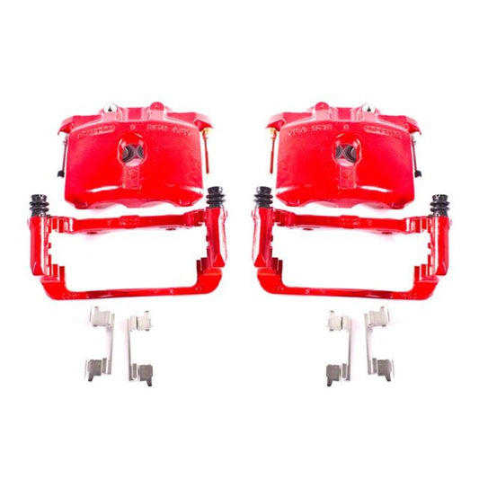 Pair of PowerStop rear red brake calipers with brackets for Cadillac Escalade 2003-2006, performance brake replacement.