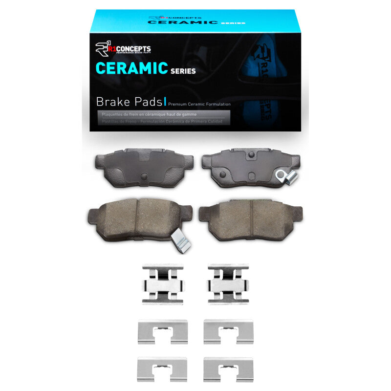 Acura Integra R1 Concepts rear ceramic brake pads and hardware kit, OE type, showing brake pad set with hardware components.
