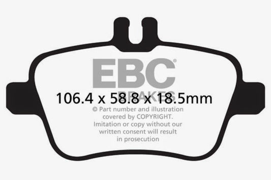 EBC 13+ Mercedes-Benz CLA250 2.0 Turbo Ultimax2 rear brake pads, OE quality, with metallic friction surface and mounting holes.
