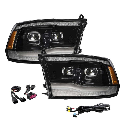 Pair of FORM Lighting sequential LED projector headlights for Ram 1500, 2500, 3500 models from 2009 to 2018 with clear lens and LED accents.