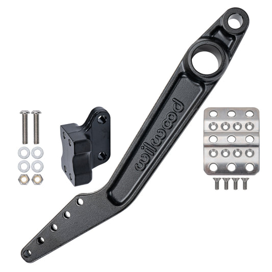 Wilwood dual brake pedal kit with adjustable ratio 5.5-6.25:1, featuring sturdy metal construction and detailed pedal design.