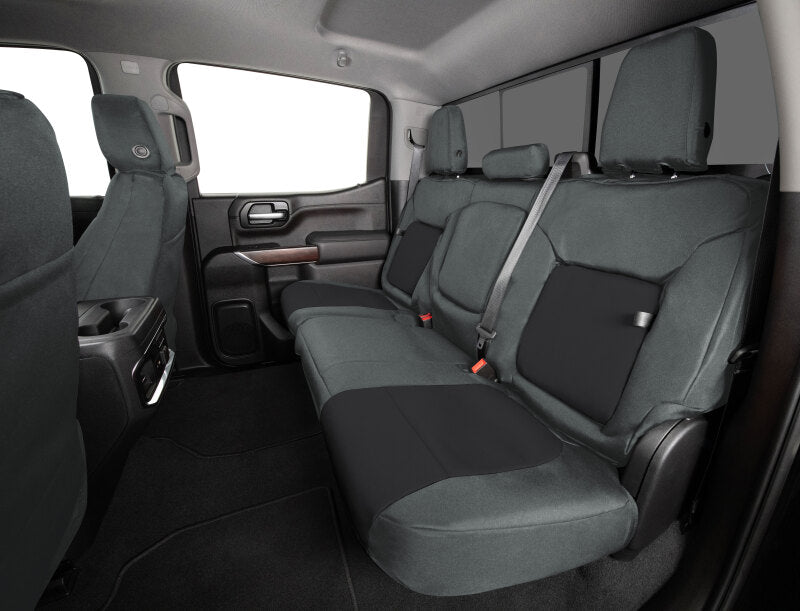 Covercraft Endura PrecisionFit custom second row seat covers for Toyota Grand Highlander in gray fabric, tailored for a perfect fit.