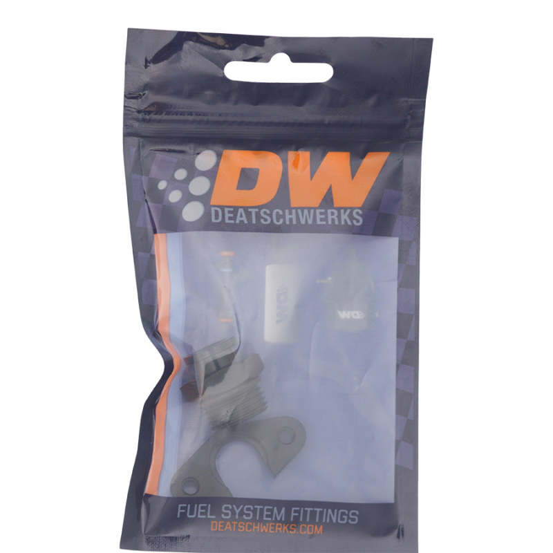 DeatschWerks 8AN ORB to Polaris RZR Turbo OE fuel regulator adapter in matte black, showing detailed anodized finish and connector.