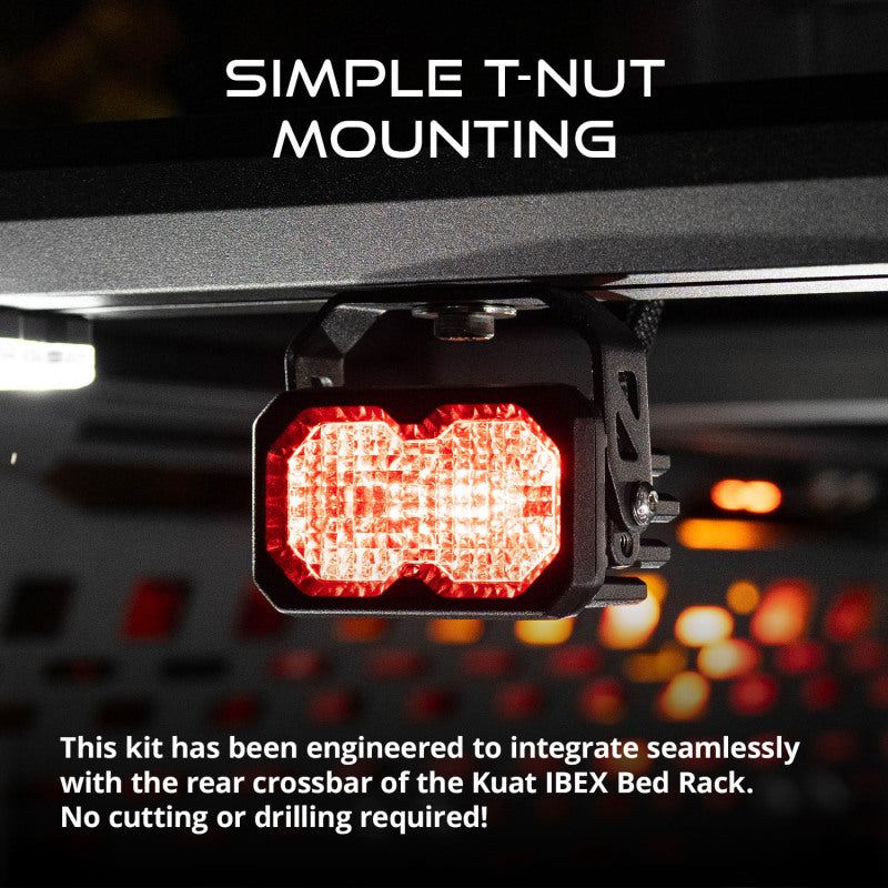 Diode Dynamics Stage Series LED chase light kit with light bars and cubes installed on Kuat IBEX bed rack.
