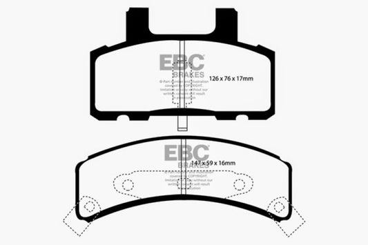 EBC Ultimax2 front brake pads for Cadillac Deville 1997-1999 4.6 rear drums, OE quality brake pads with metal backing plates.