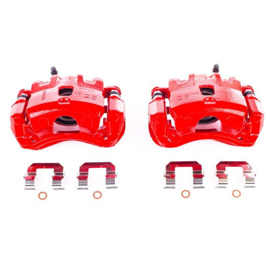 Pair of PowerStop front red brake calipers with brackets for Hyundai Tucson 2005-2009, performance brake caliper upgrade