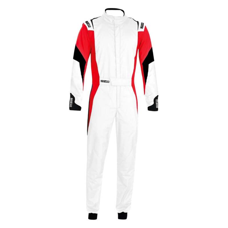 Sparco competition racing suit with white and red design, featuring a boot cuff, designed for motorsport performance.
