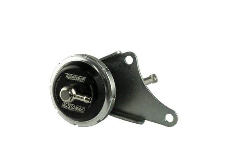 Turbosmart IWG75 Garrett GT2860RS black internal wastegate actuator for turbochargers, showing the compact, durable design.