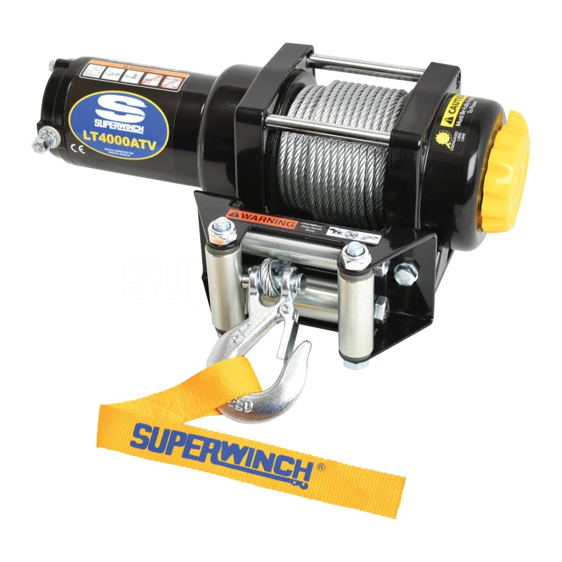 Superwinch 4000 LBS 12V DC steel rope winch with 50ft cable and sturdy frame for vehicle recovery and towing.