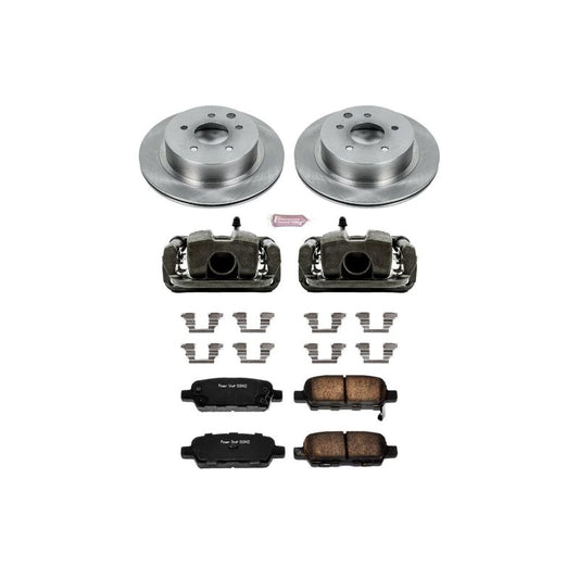 PowerStop OE brake kit with rear calipers for 2003-2005 Infiniti G35, including brake rotors and hardware, installed on vehicle.