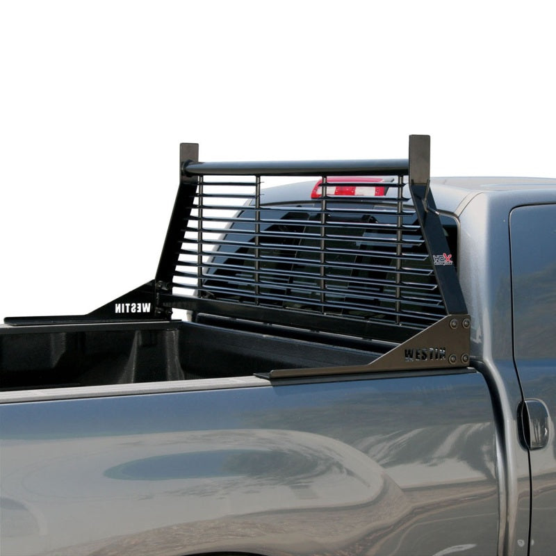 Black Westin headache rack installed on a Chevrolet, Ford, GMC, or Toyota Silverado/Sierra 1500/2500/3500 HD pickup truck.