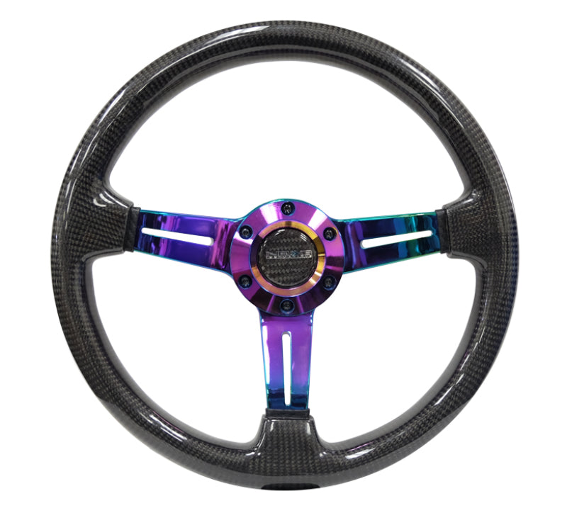 NRG Carbon Fiber Steering Wheel with 350mm diameter, neochrome finish, 3-spoke design, and slit cut accents.