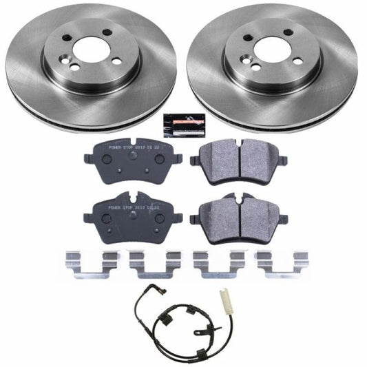 PowerStop Mini Cooper front track day SPEC performance brake kit with black brake components and high-performance calipers.