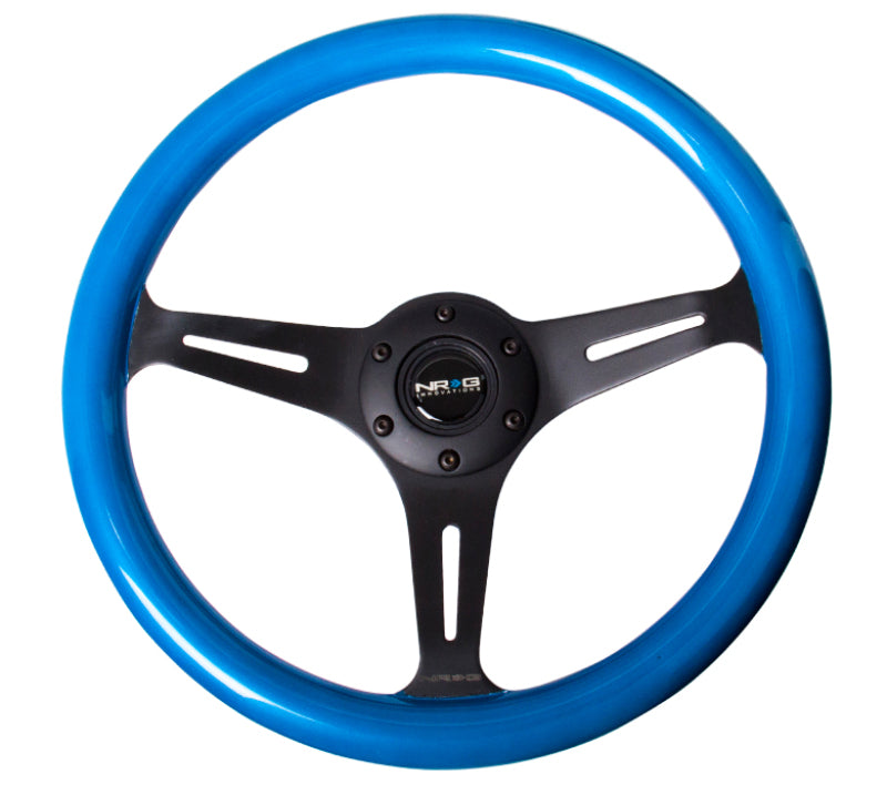 NRG Classic wood grain steering wheel with 350mm diameter, blue pearl flake paint, black 3-spoke center, for car interior upgrade.