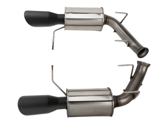 Roush axle back exhaust with black tips installed on a 2011-2014 Ford Mustang GT, showing the sleek exhaust tips.