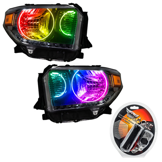 Oracle Toyota Tundra 14-17 headlight with dual Halo Kit and ColorSHIFT SMD LED accents, showcasing the upgraded automotive headlights.