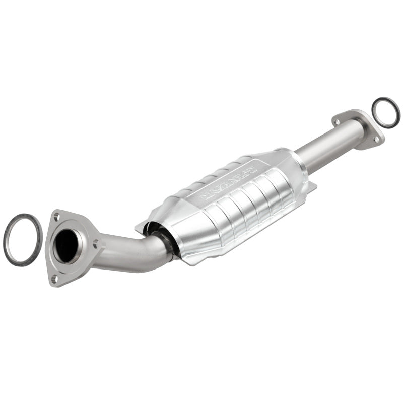 MagnaFlow direct fit catalytic converter for 2003-2004 Toyota Tundra V8 4.7L gas engine, showing the metal converter with inlet and outlet.