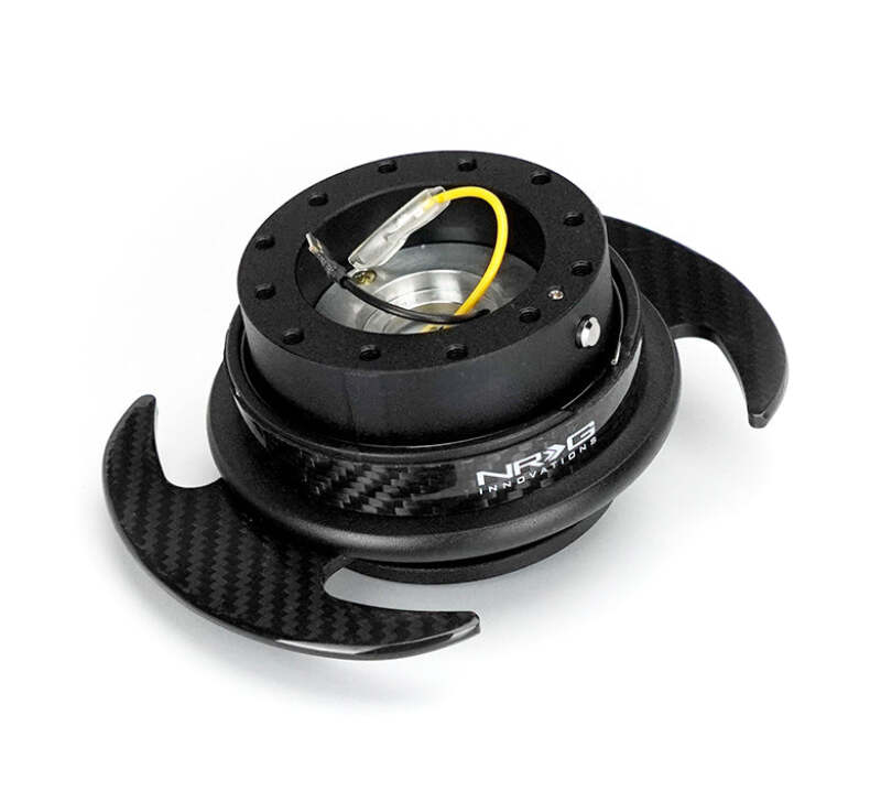 NRG Quick Release Kit Gen 3.0 with black body, carbon fiber ring, and handles for easy attachment and secure fit.
