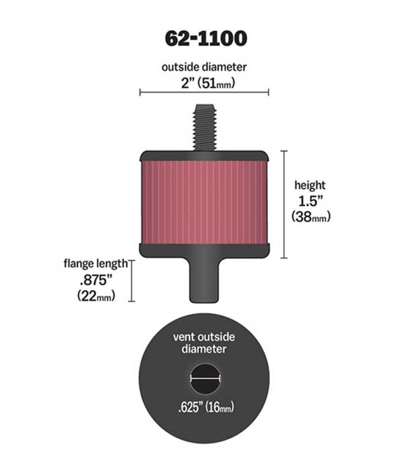 K&N Steel Base Crankcase Vent Filter with 0.5in vent OD, 2in OD, and 1.5in height, universal fit air filter for engine ventilation