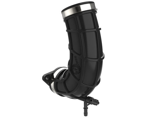 aFe turbo inlet pipes for enhanced airflow, shown in black with metal fittings, designed for vehicle turbocharger systems.