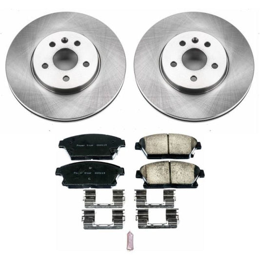 PowerStop OE brake kit for 2013-2018 Buick Encore front brakes, including rotors and pads, shown in the image.