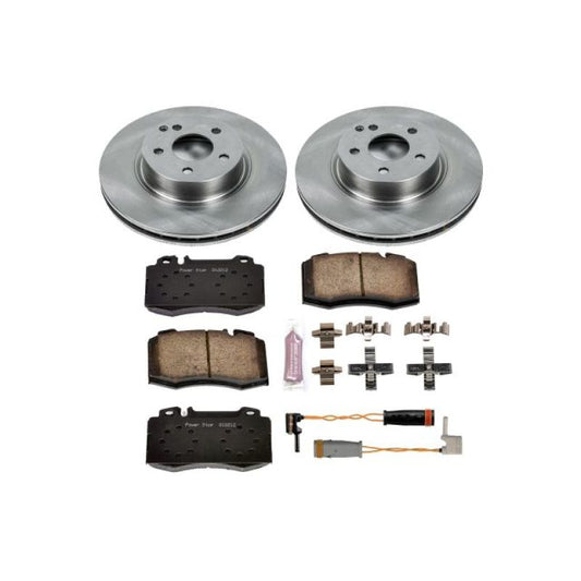 PowerStop OE brake kit for Mercedes-Benz E500 front, including brake calipers and rotors, installed on vehicle.