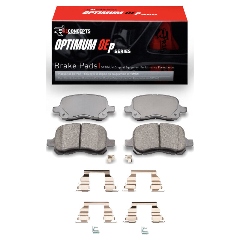 R1 Concepts OE brake pads and hardware kit for Chevrolet Prizm 1998-2002, front brake replacement components.