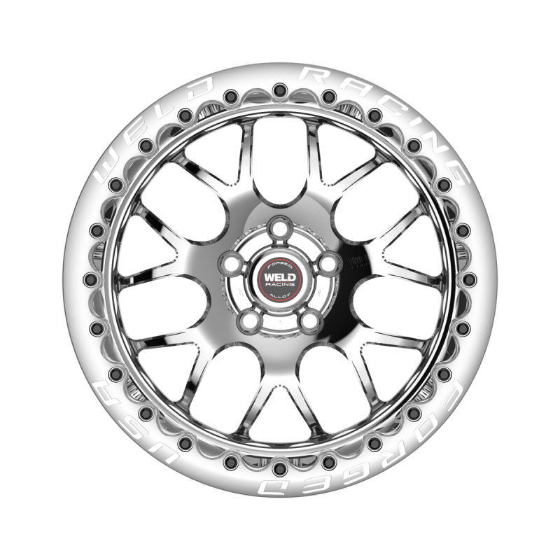 Weld S77 Beadlock forged wheel, 17x10 inches, polished center and shell with 5x114.3 bolt pattern and 3.18 inch backspacing.
