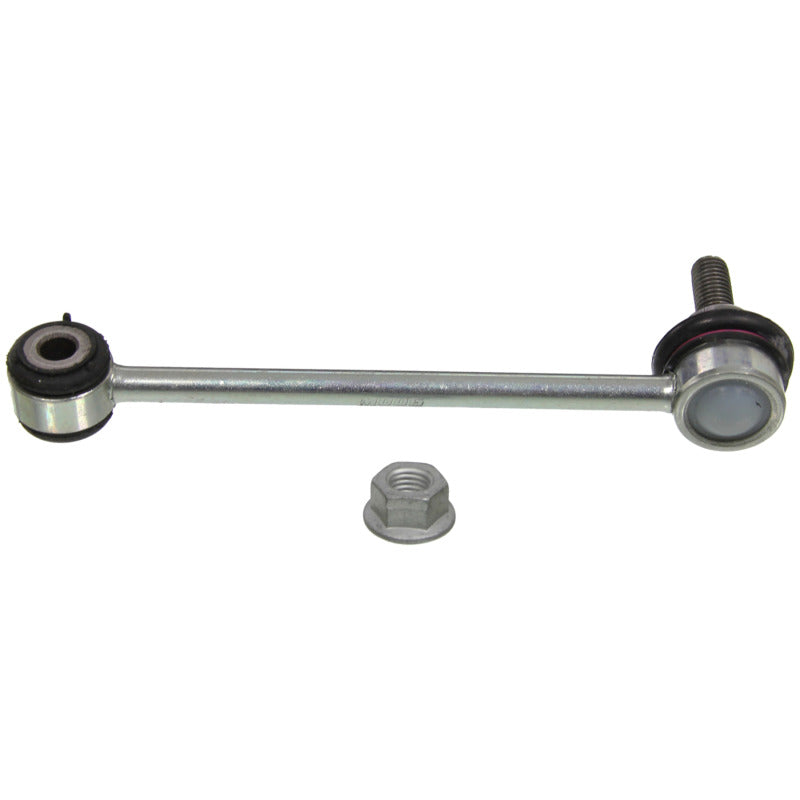 Moog 11-13 BMW 335is rear sway bar endlink, automotive suspension component with metal link and bushings, close-up view