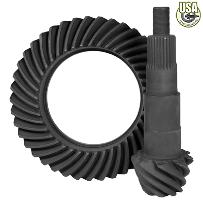 Yukon Gear & Axle USA Standard Ford 7.5-inch ring and pinion gear set with 4.56 ratio for final drive replacement.