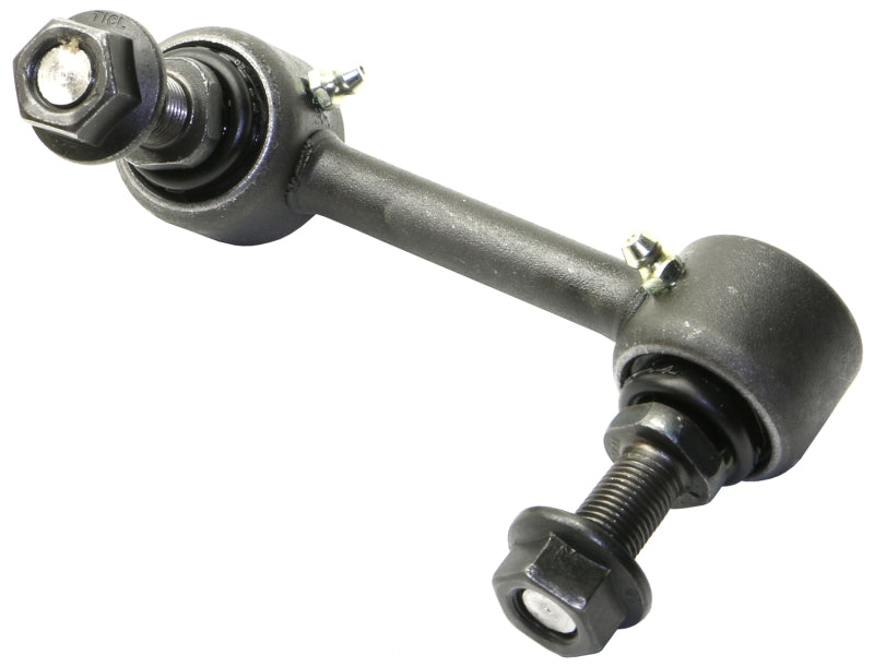 Moog rear right sway bar link for 2019 Volvo S60, close-up of the durable metal sway bar endlink with mounting bushings.