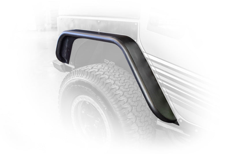 DV8 Offroad Jeep Wrangler JK front and rear flat tube fenders, black metal with rugged off-road design, mounted on a Jeep.