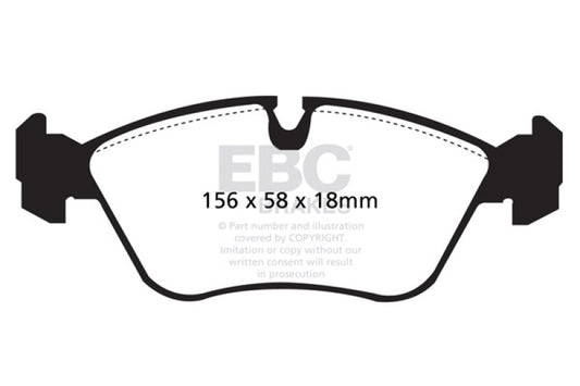 EBC Greenstuff front brake pads for Volvo 850 2.3 Turbo, high-performance brake pads showing the product's green friction material and packaging.