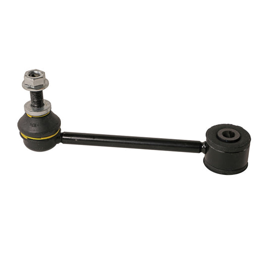 Moog rear sway bar endlink for 2017-2019 Buick LaCrosse, close-up of the metal sway bar link with mounting hardware
