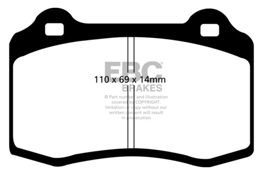 EBC Lotus Esprit Turbo 2.0 GT3 Redstuff front brake pads for high-performance braking system, shown in close-up view.