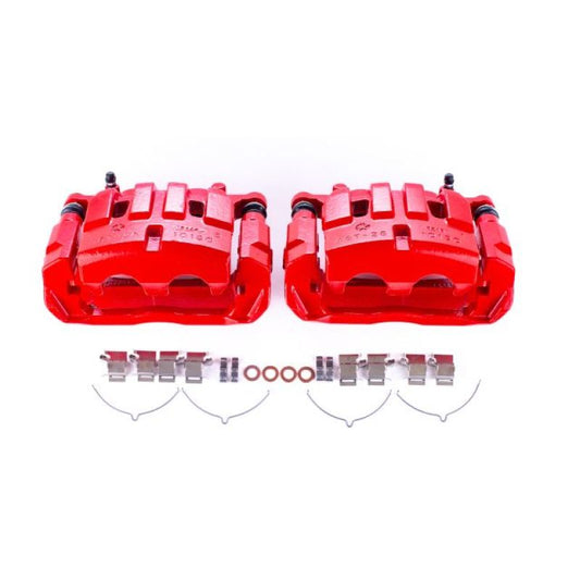 Pair of PowerStop red front brake calipers with brackets for Jeep Cherokee 2014-2018, performance brake calipers for enhanced stopping power.