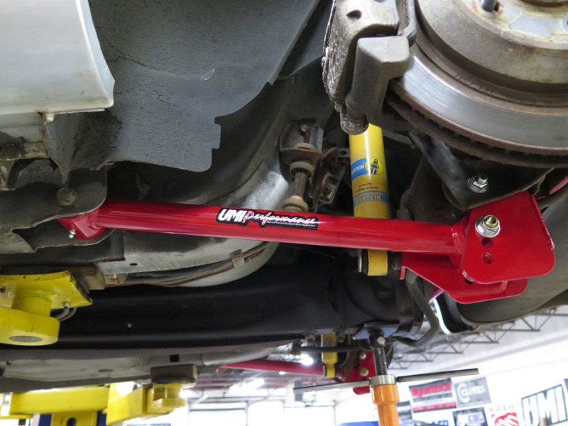 UMI Performance GM F-Body lower control arms and adjustable panhard bar kit shown on car suspension system.