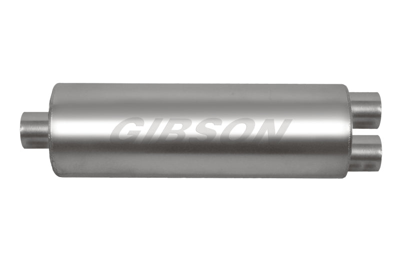 Gibson SFT Superflow Offset/Dual Round Muffler in stainless steel, 8x24 inches with 3-inch inlet and 2.25-inch outlet for exhaust systems.