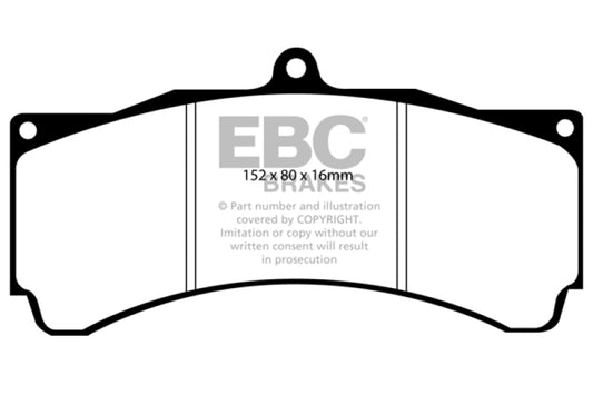 EBC Brakes Redstuff ceramic brake pads for high-performance vehicles, showing the red brake pad material and metal backing plate.