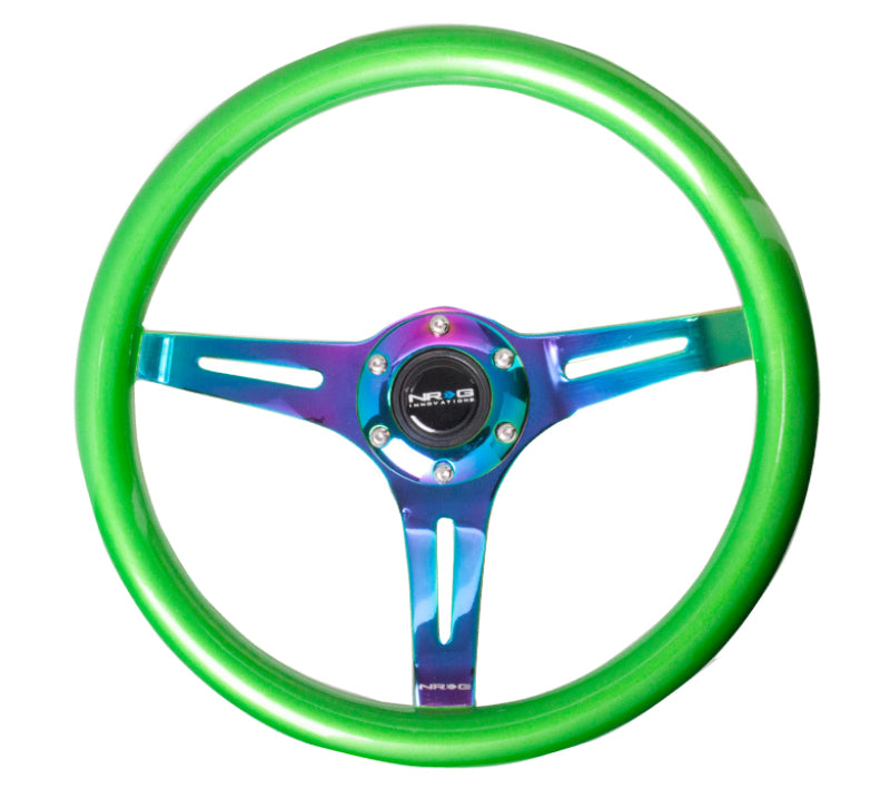 NRG Classic wood grain steering wheel with green pearl flake paint and neochrome 3-spoke center for car interior upgrade.