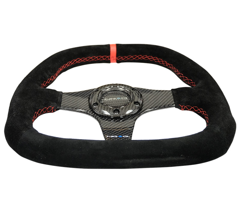 NRG 320mm carbon fiber steering wheel with flat bottom, black suede grip, red stitching, carbon fiber spokes, and red center mark.