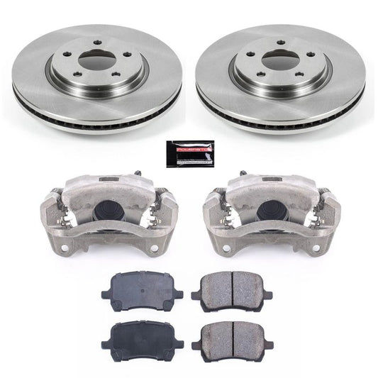 PowerStop OE front brake kit with calipers for 2009-2010 Pontiac G5, includes brake rotors and pads.
