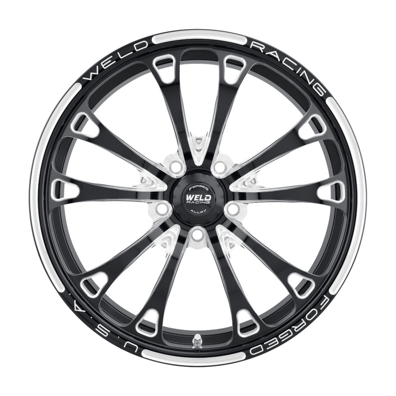 Weld V-Series Frontrunner 17x3.5 forged wheel in gloss black milled with Anglia spindle and 0 backspacing, non-BL wheel.