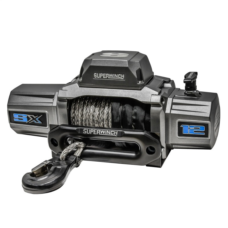 Superwinch 12000 LBS 12V DC winch with 3/8-inch x 80ft synthetic rope and graphite finish, used for off-road recovery and towing.