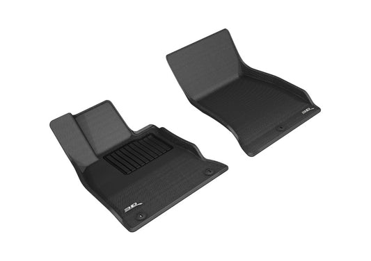 Black 3D MAXpider rubber floor mat for 2018-2020 Kia Stinger RWD first row, featuring textured surface and custom fit.