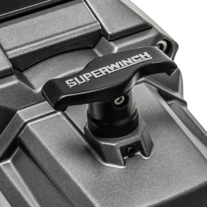 Superwinch 12000 LBS 12V DC winch with 3/8 inch x 80 ft synthetic rope, graphite finish, heavy-duty off-road recovery equipment.