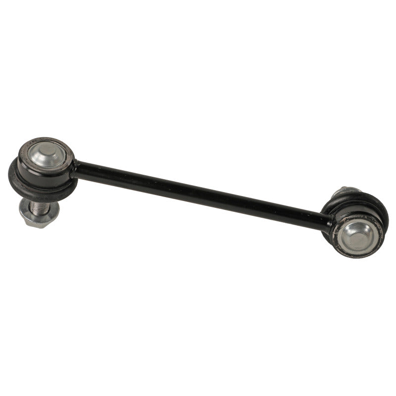 Moog rear right sway bar link for 2010-2013 Acura ZDX, close-up of black metal sway bar endlink with mounting points.