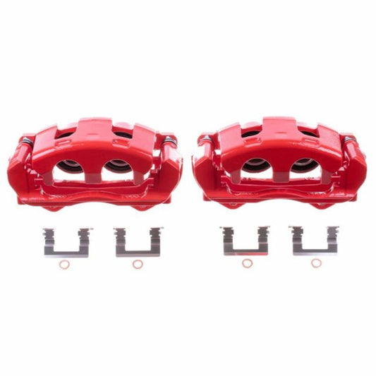 Pair of PowerStop front red brake calipers with brackets for Buick Allure 2008-2009, performance upgrade, shown with mounting hardware.