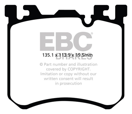 EBC Redstuff front brake pads for BMW X5M 4.4 Twin Turbo, performance brake pads with red friction material visible