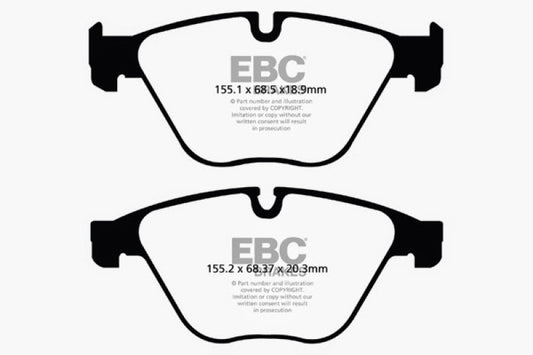 EBC Redstuff front brake pads for BMW 535i 3.0 Turbo F10, high-performance brake pads with red friction material.